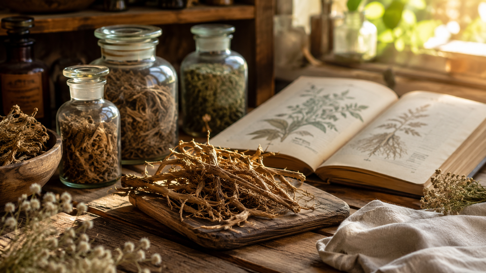 valerian root for sleep with dried herbal roots on a rustic wooden table