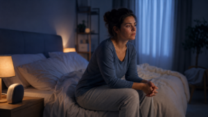 Tired woman sitting awake on the edge of her bed due to anxiety and insomnia