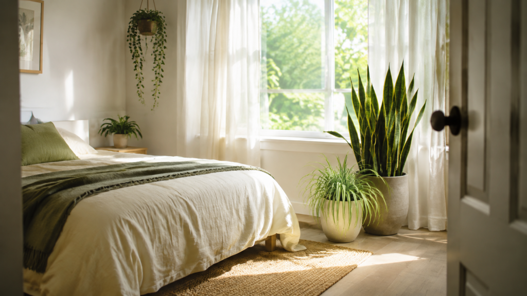 Bedroom plants that improve sleep in a calm naturally lit bedroom