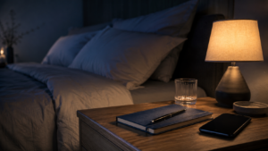 A journal and inactive phone beside a bed representing bedtime stress that delays sleep