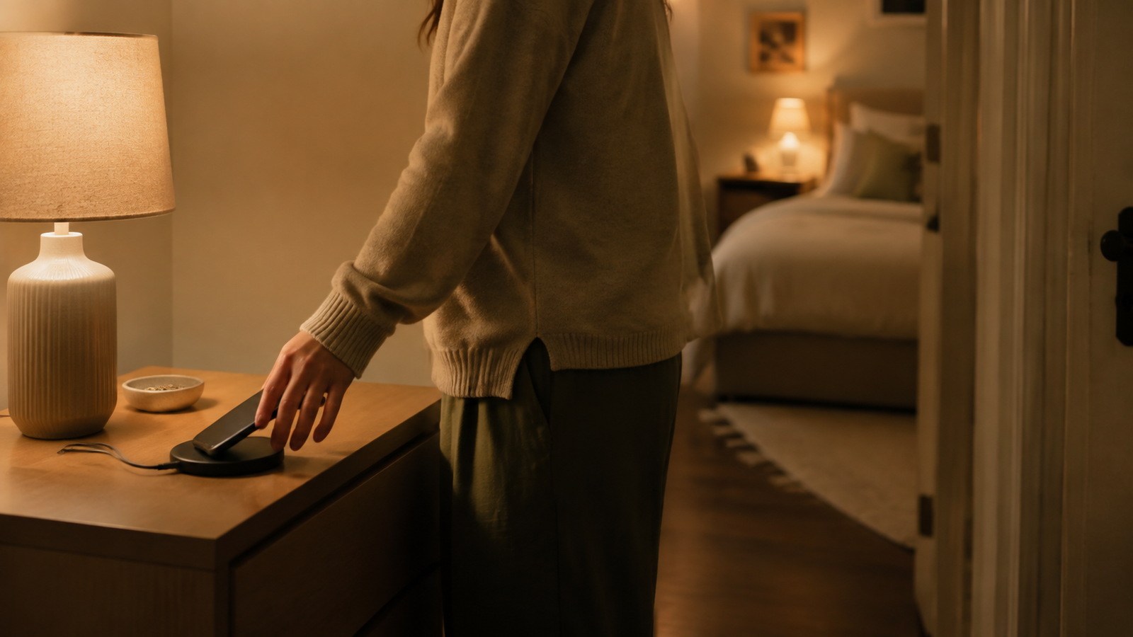 Better bedtime routine with a phone placed on a charging table outside the bedroom