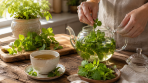 lemon balm for sleep tea being prepared with fresh leaves