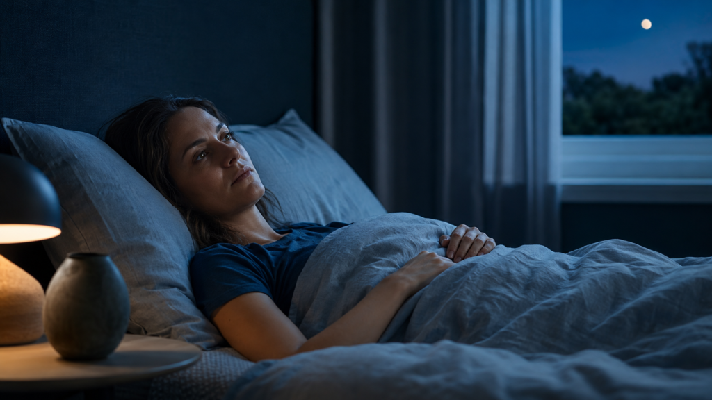 Woman lying awake in bed at night while experiencing anxiety-related insomnia