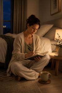 Woman writing worries in a journal before bed to calm nighttime anxiety
