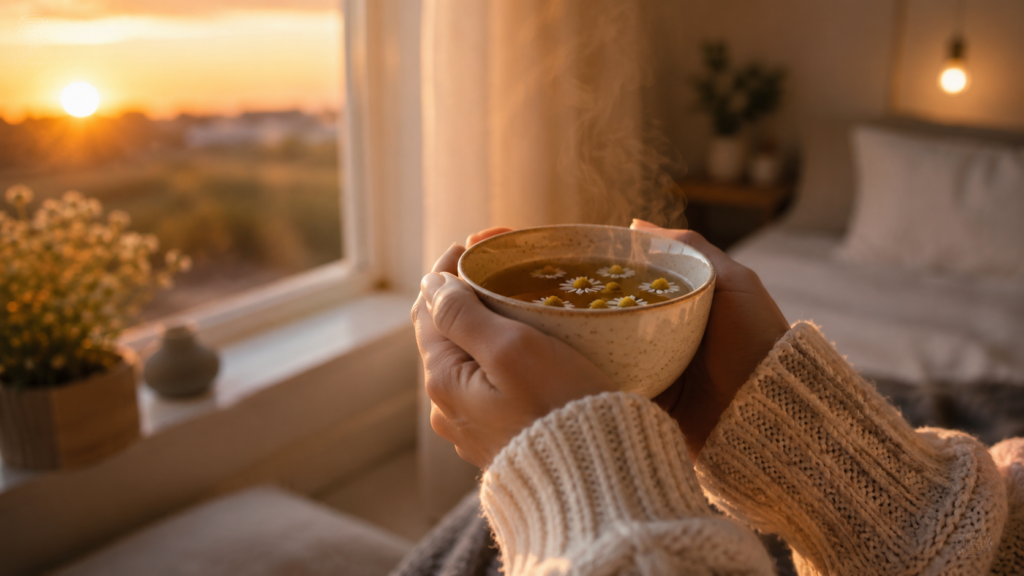 chamomile tea for sleep being held before bedtime