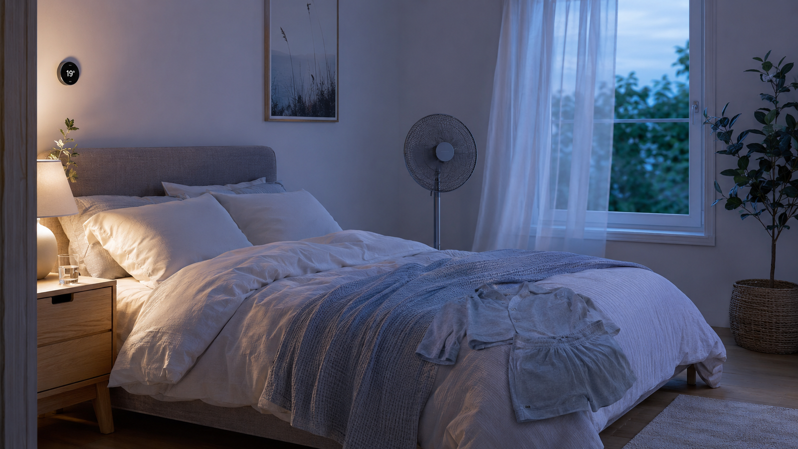 Cool bedroom with breathable bedding and a fan for reducing night sweats