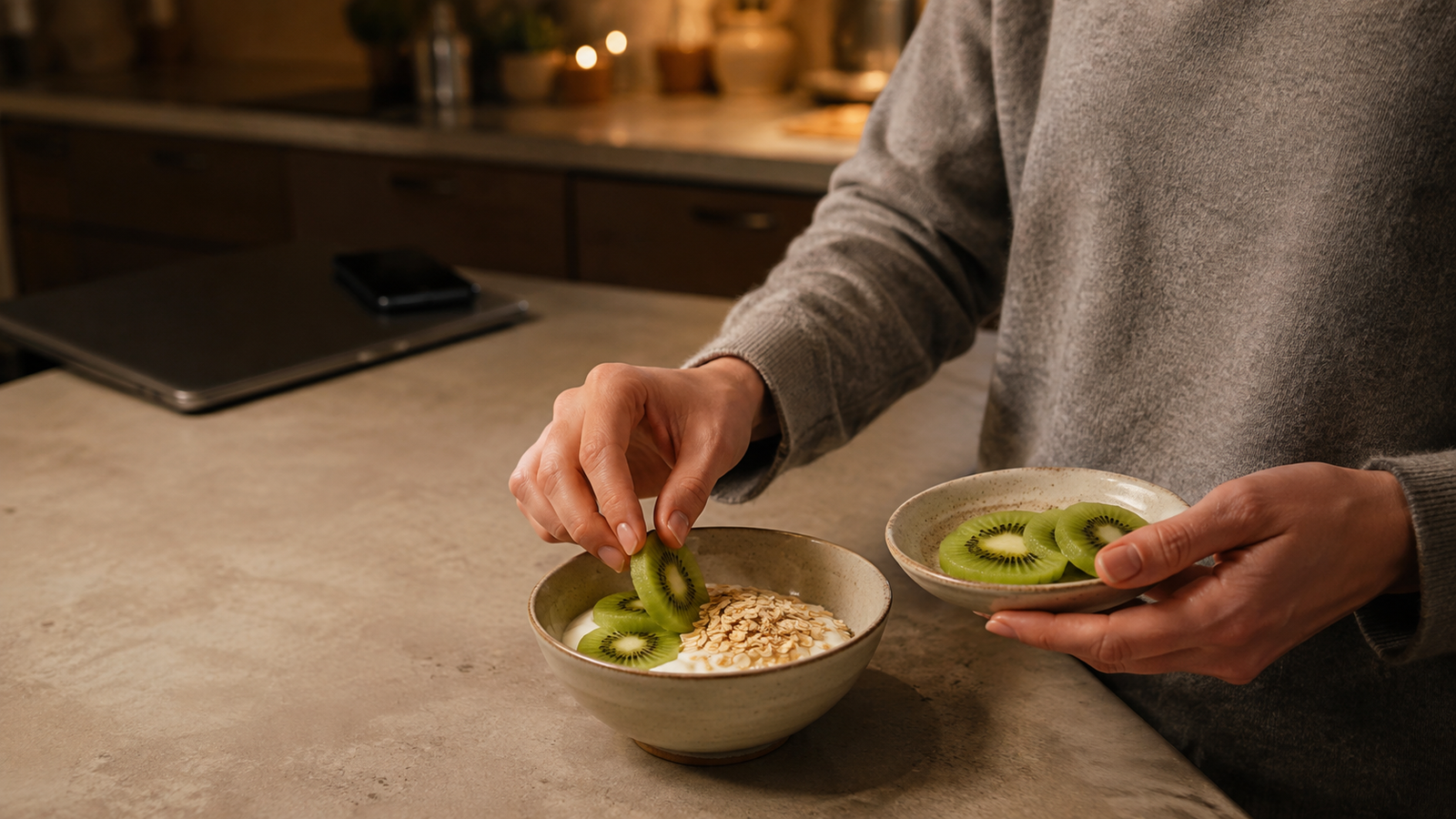 Foods that help you sleep prepared as a light kiwi yogurt and oatmeal snack