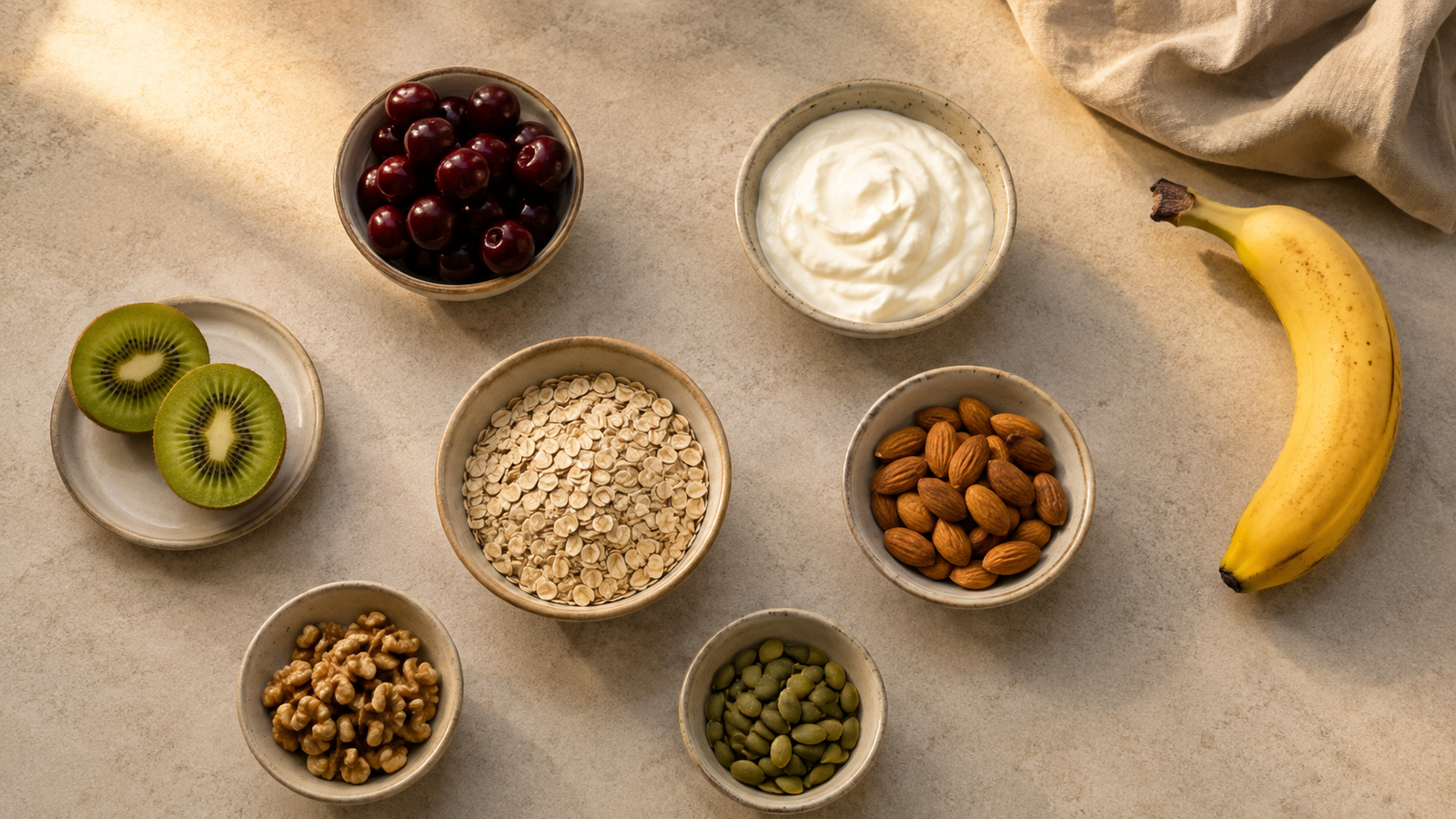 Foods that help you sleep including kiwi tart cherries yogurt oats bananas nuts and seeds