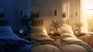 Bedroom transitioning from late night to morning while gradually adjusting a sleep schedule