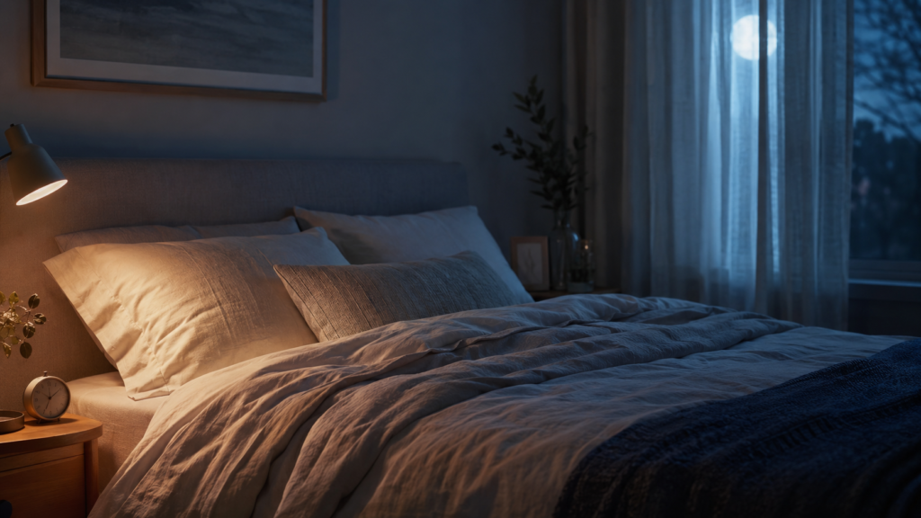 A peaceful nighttime bedroom representing how long should it take to fall asleep