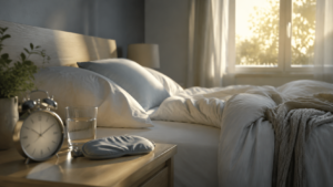 A sunlit bedroom and bedside clock representing how long sleep inertia lasts