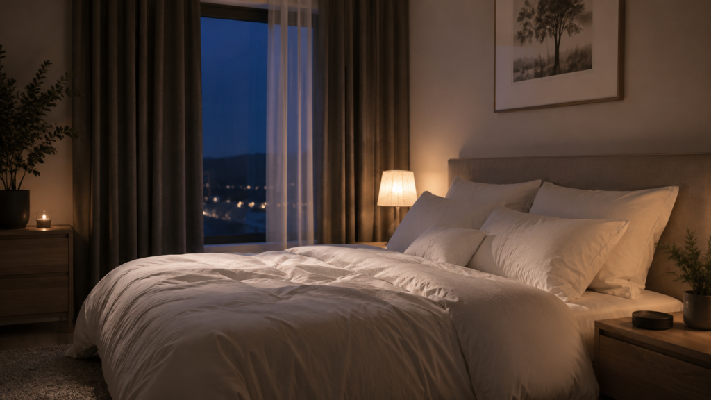 Peaceful bedroom designed to help you fall asleep faster naturally