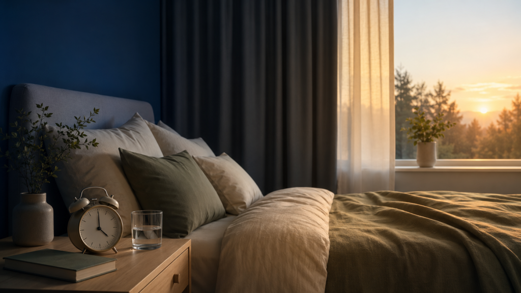 Peaceful bedroom at sunrise with an alarm clock representing how to fix your sleep schedule