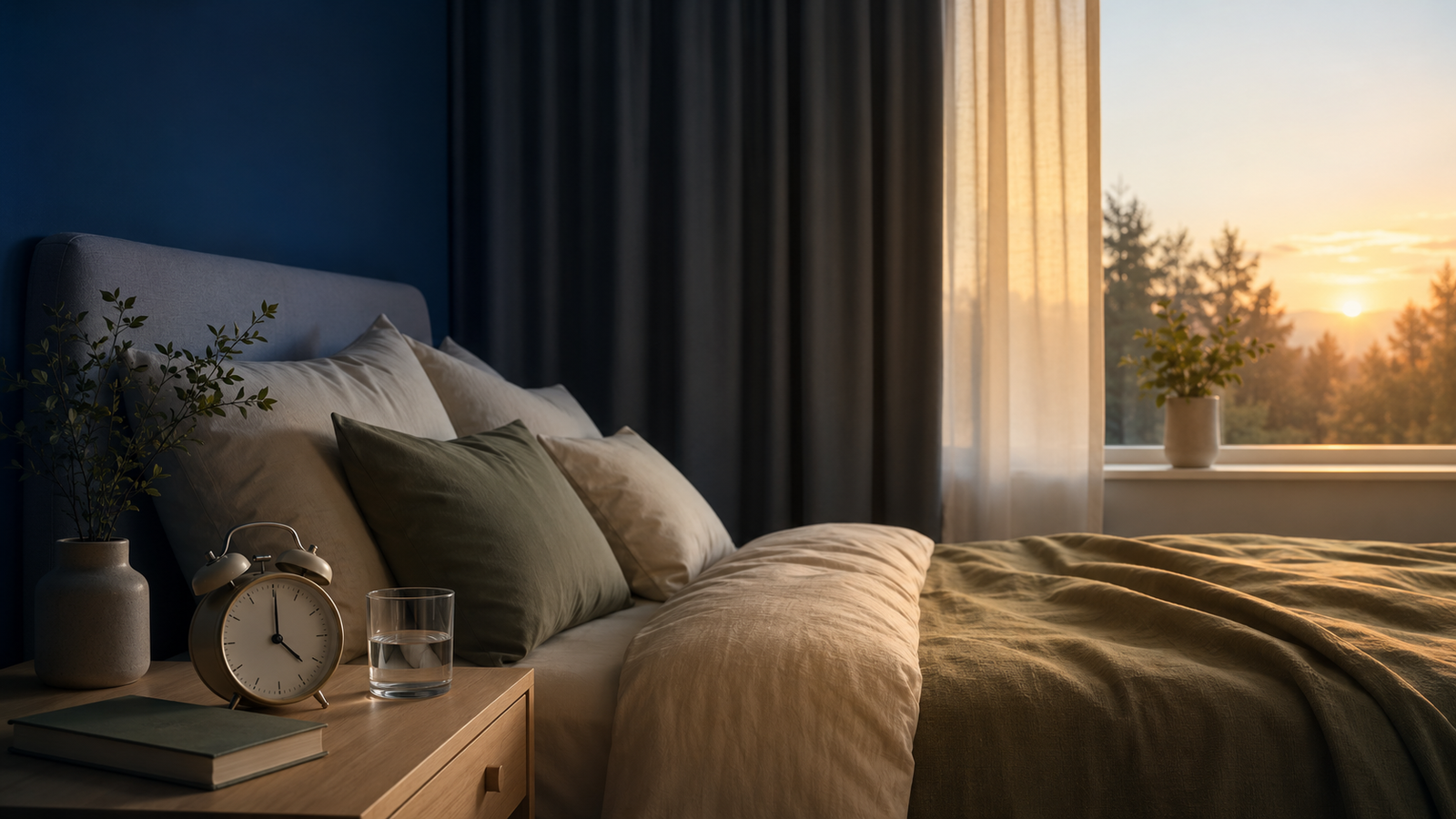 Peaceful bedroom at sunrise with an alarm clock representing how to fix your sleep schedule