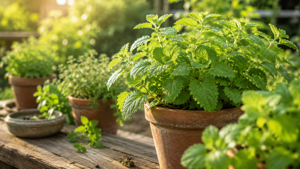 lemon balm for sleep growing in a sunny herb garden