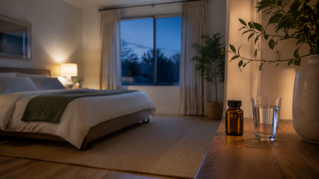Magnesium for sleep supplement and water in a calm bedroom
