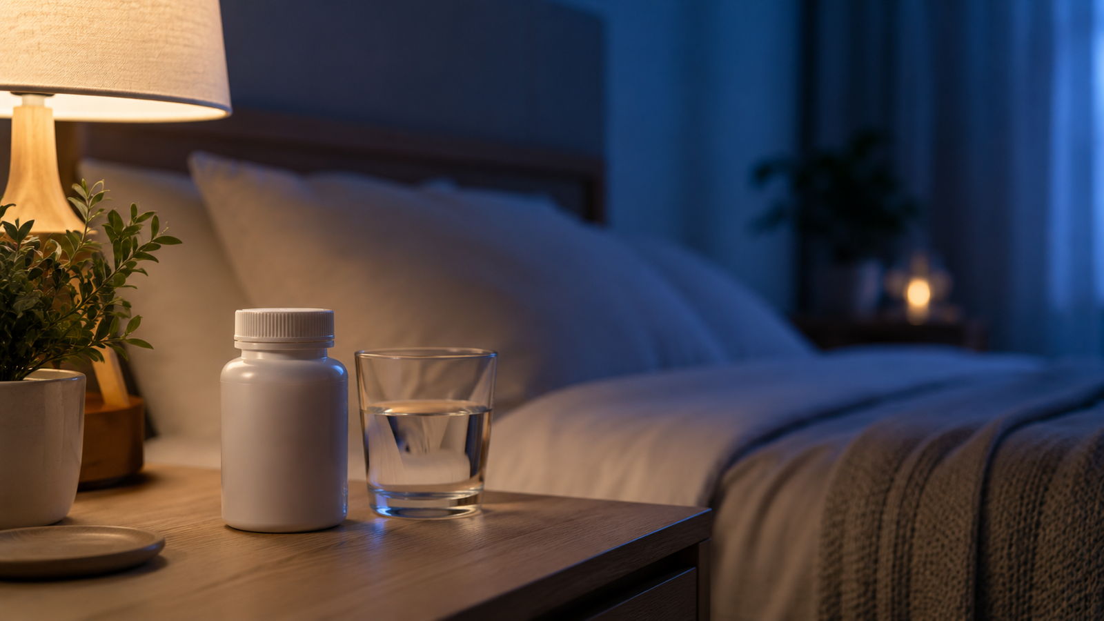 melatonin for sleep supplement beside a bedside lamp in a peaceful bedroom