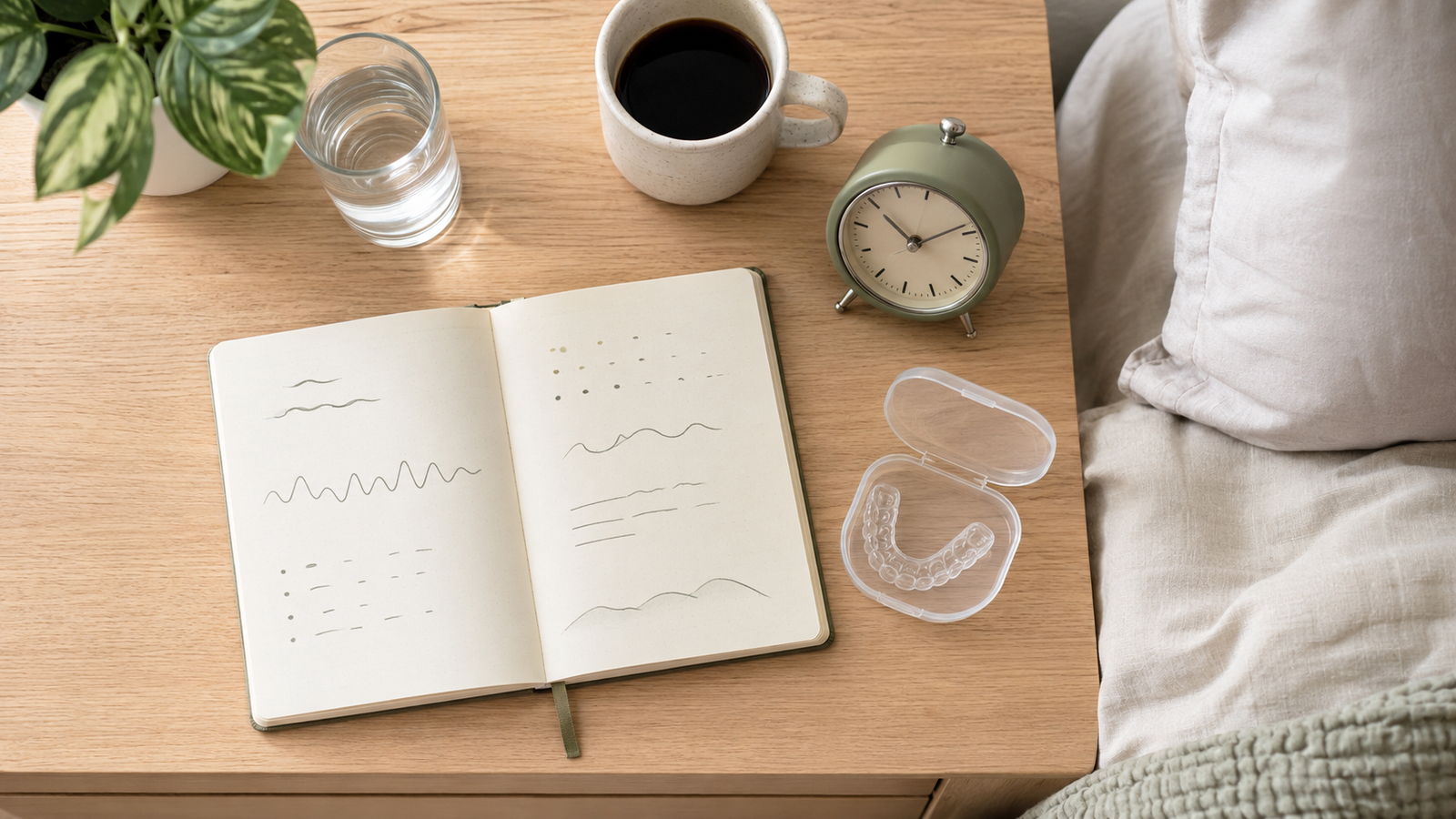 Water, sleep diary, coffee, and dental guard representing causes of morning headaches