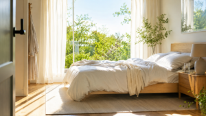 Bright morning sunlight entering a bedroom to help reduce sleep inertia
