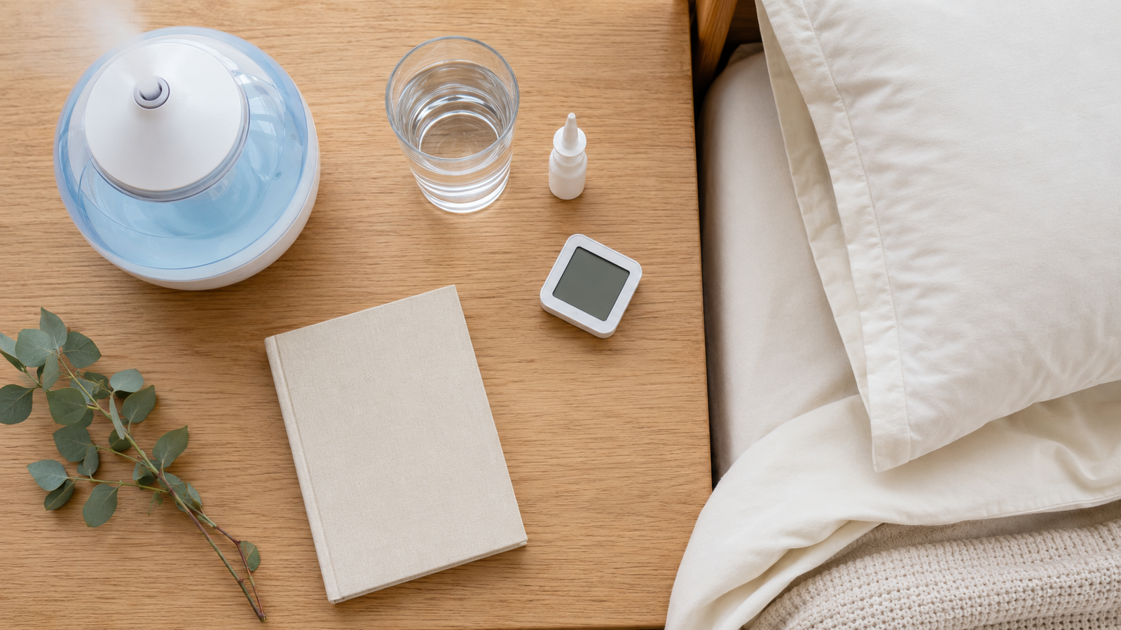 Humidifier, water, saline spray, and humidity meter for morning nasal congestion relief