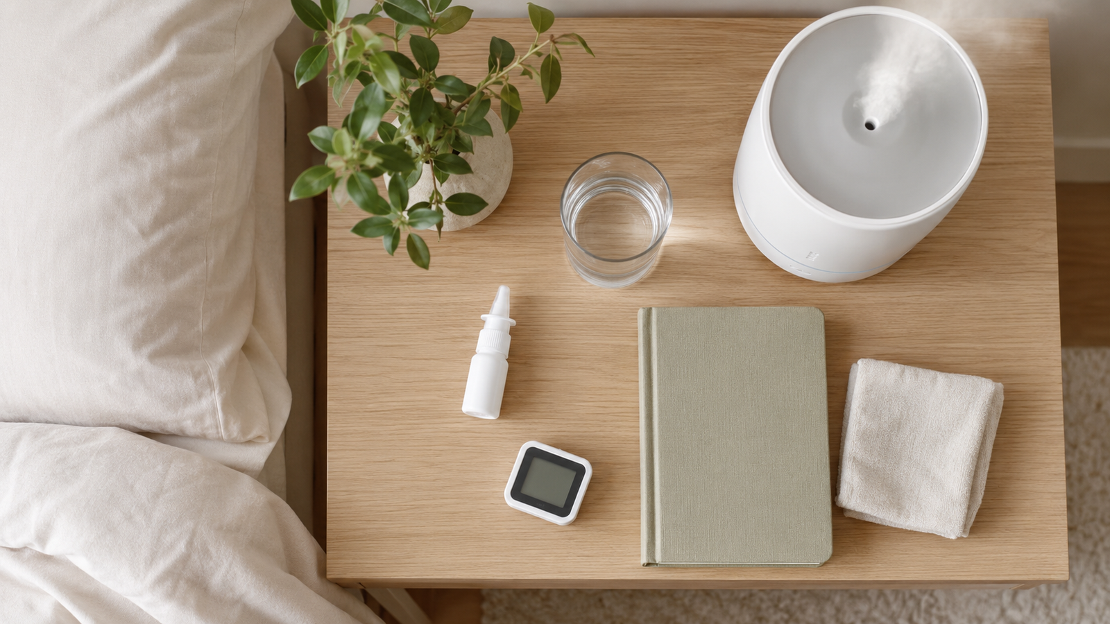 Humidifier, water, saline spray, and sleep journal for morning sore throat relief