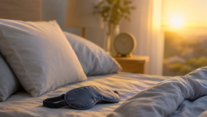 A sunlit bed and alarm clock representing natural waking before an alarm