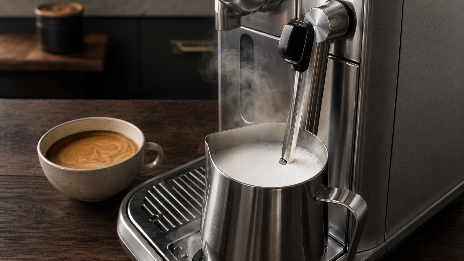 Nespresso Creatista Plus-style automatic steam wand texturing milk in a stainless-steel jug