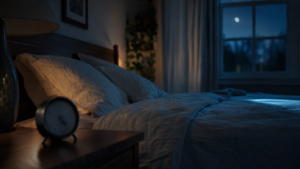 A bedside clock and peaceful bedroom representing a normal sleep latency range
