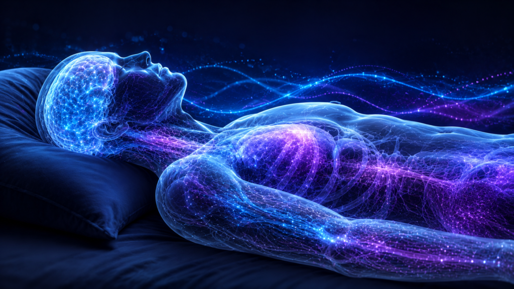 REM vs deep sleep illustrated inside a transparent human body during sleep