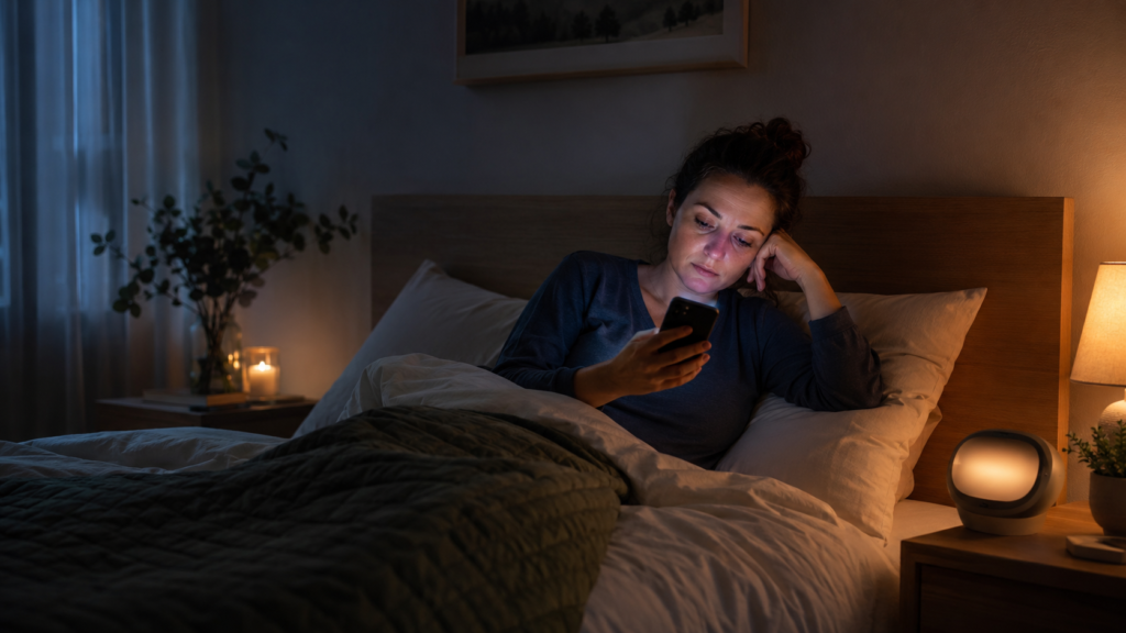 Tired woman delaying bedtime while using her smartphone late at night