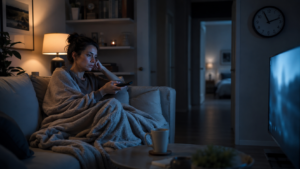 Tired woman watching television late at night instead of going to bed