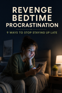 Tired woman using her smartphone late at night due to revenge bedtime procrastination
