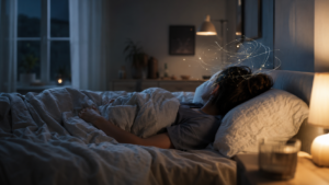 Tired but wired feeling that makes it difficult to fall asleep