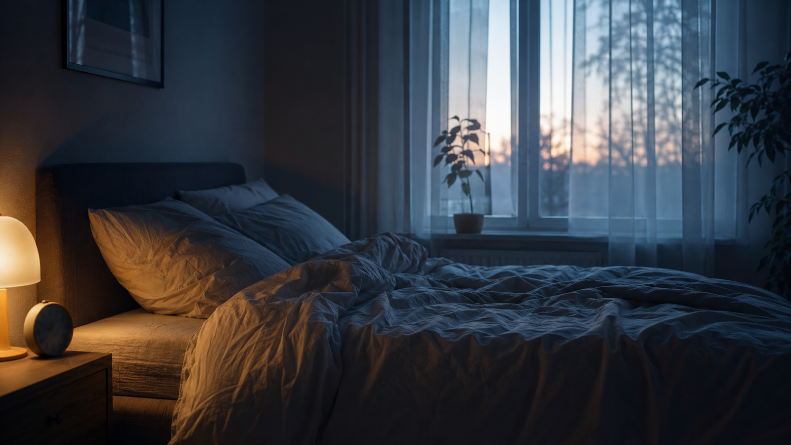 A dim bedroom at dawn representing sleep inertia and morning grogginess