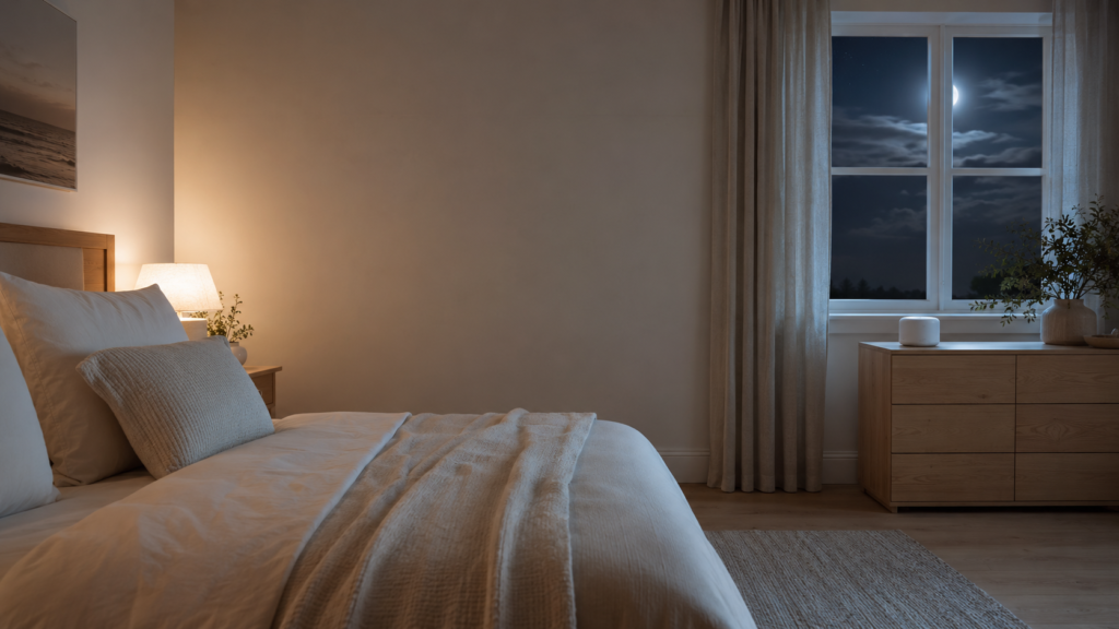 White noise benefits for sleep in a calm adult bedroom