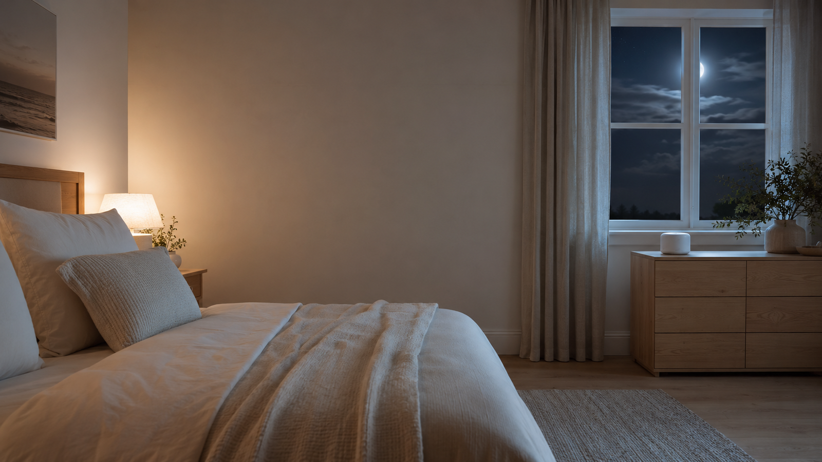 White noise benefits for sleep in a calm adult bedroom