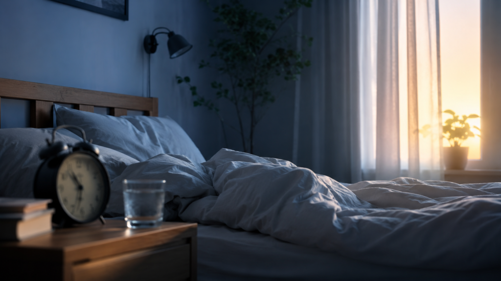 A peaceful bedroom at dawn illustrating why you wake up before your alarm