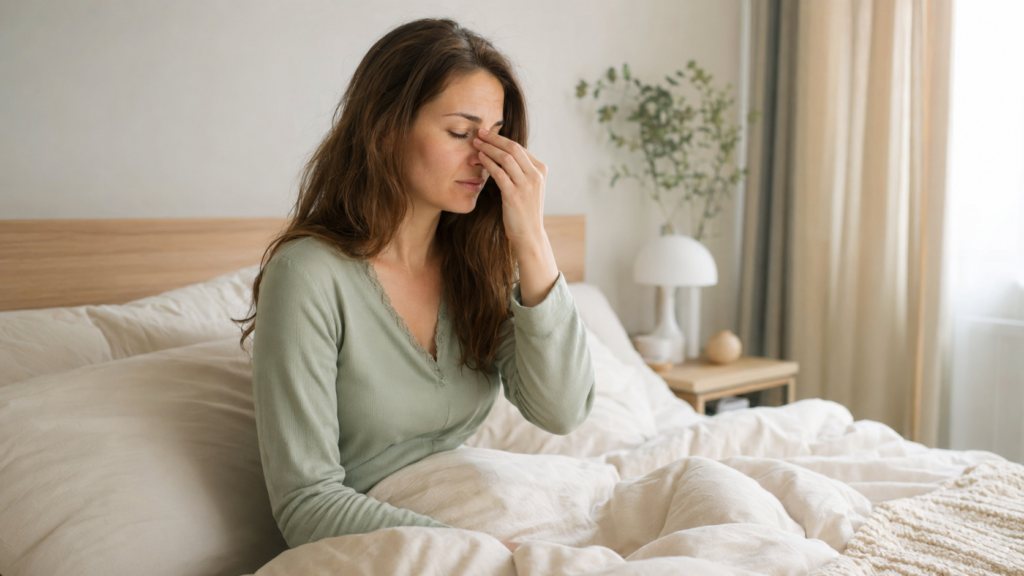 why do I wake up congested Woman waking up congested and gently holding her nose in bed