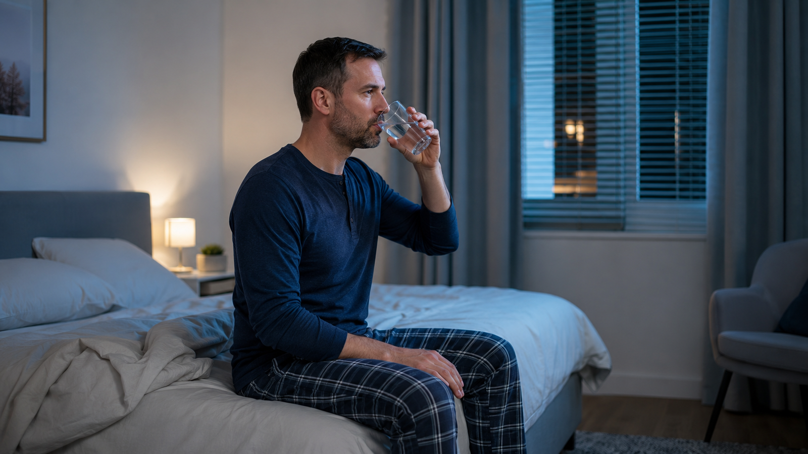 Man drinking water after asking why do I wake up coughing at night
