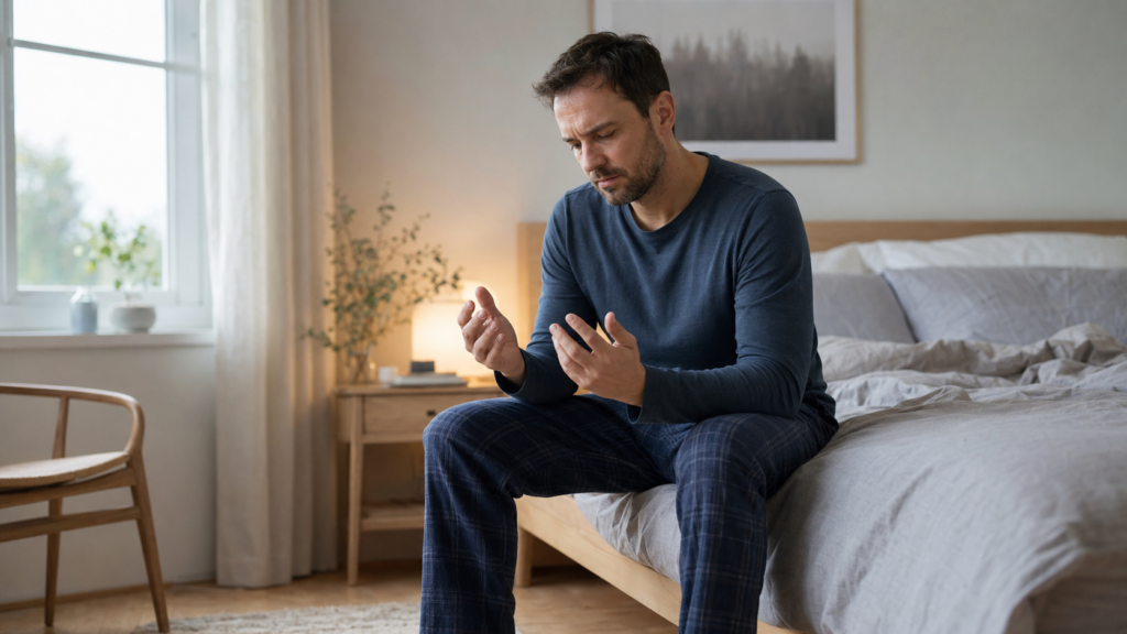 Man wondering why do I wake up shaking after noticing trembling hands