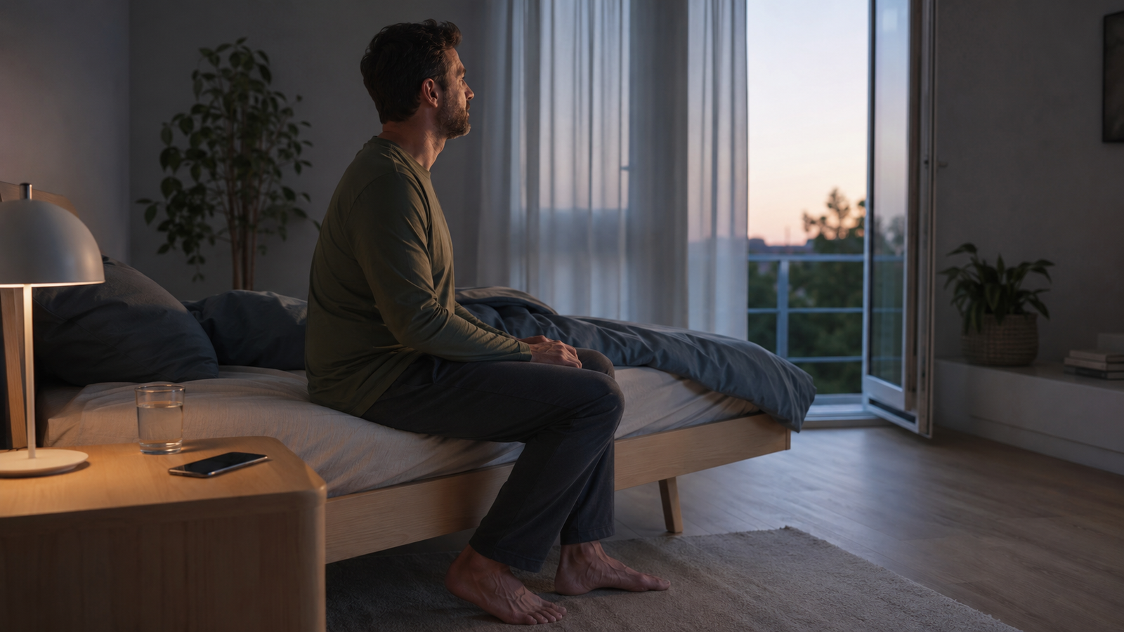 Man sitting upright after asking why do I wake up short of breath