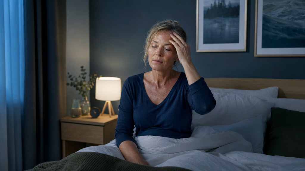 Woman waking up sweating in bed during the night