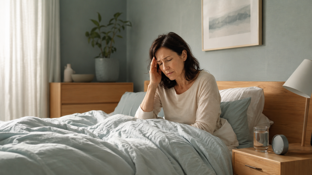 why do I wake up with a headache. Woman waking up with a headache in bed during the morning