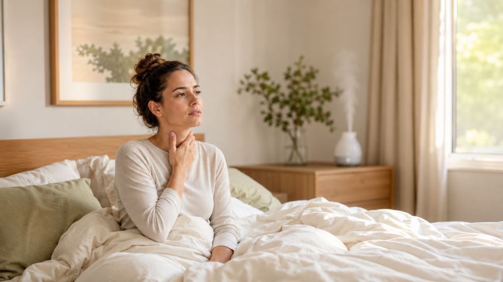 Woman waking up with a sore throat and holding her neck in bed why do I wake up with a sore throat