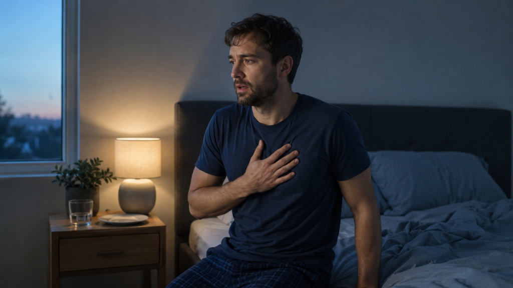 Woman wondering why do I wake up with my heart racing after suddenly waking