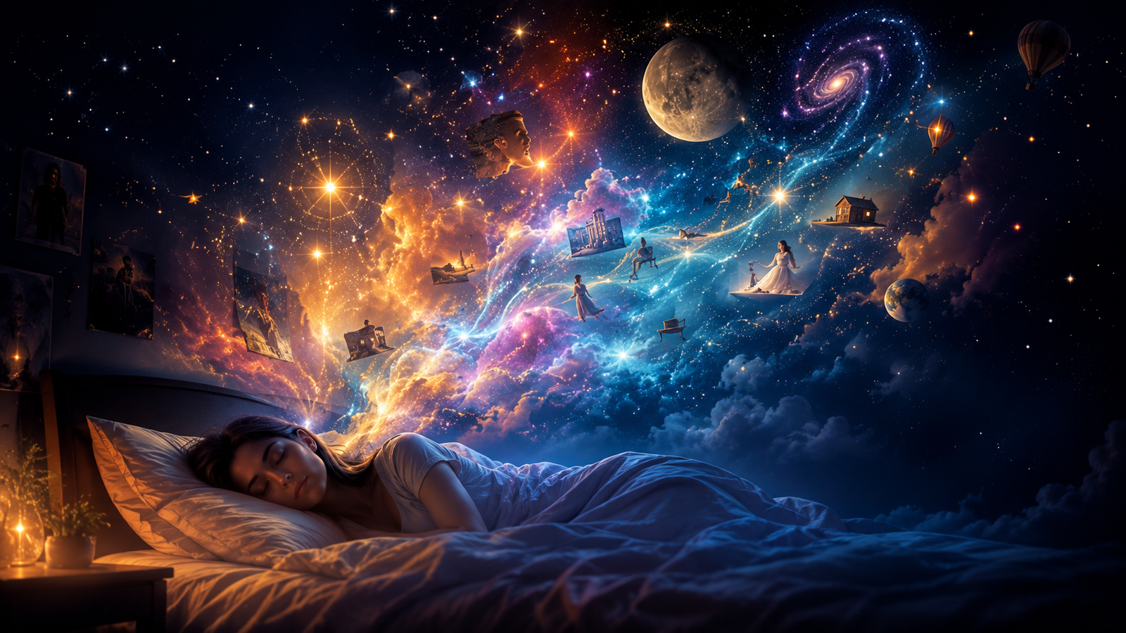 why do we dream illustrated as a surreal dreamscape above a sleeping person