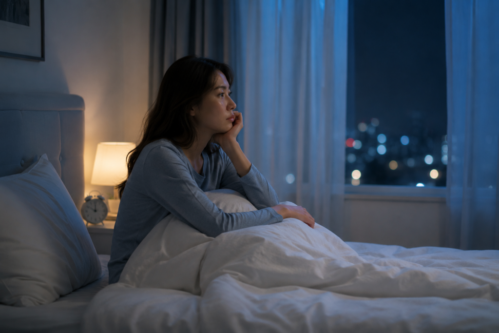 Woman awake in bed wondering why she wakes up at night