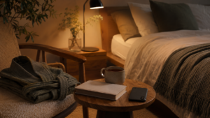 A calming wind-down routine with herbal tea and a book beside a peaceful bed how long should it take to fall asleep