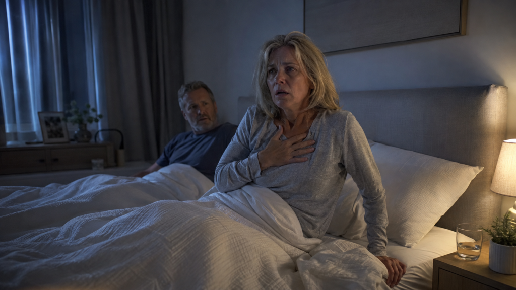 Can menopause cause night terrors – middle-aged woman experiencing a sleep terror in bed