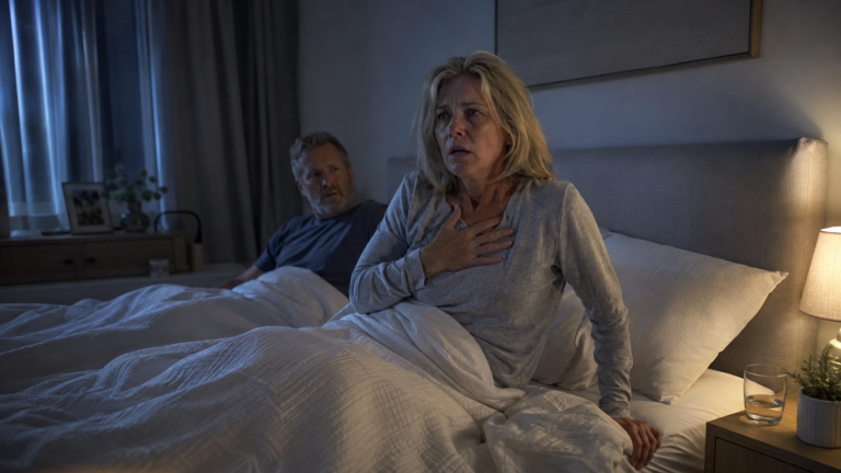 Can menopause cause night terrors – middle-aged woman experiencing a sleep terror in bed